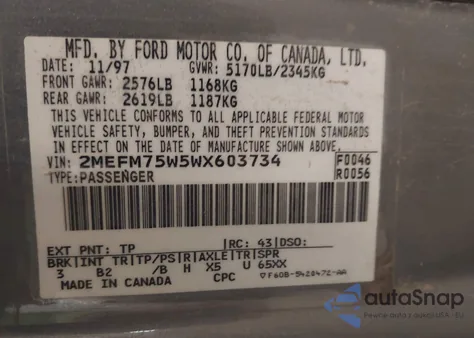 1998 Mercury Grand Marquis z USA, uszkodzony, nr VIN 2MEFM75W5WX603734